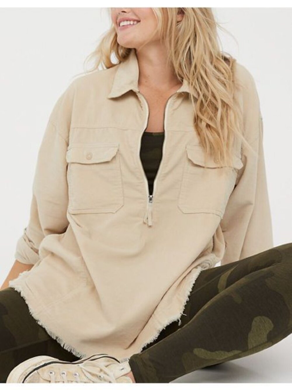 OFFLINE By Aerie Corduroy Quarter Zip Shacket Cream Oversized Shirt Size Medium